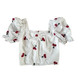 White Cherry Print Ruched Crop Top with Square Neck and Puff Sleeves | Teen 14